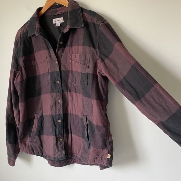 Carhartt Fleece Lined Flannel Button Up Black Maroon Long Sleeve Women's Large - Picture 3 of 11